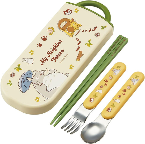 Totoro cutlery set with chopsticks fork and spoon in green carrying case